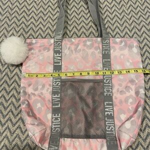 Justice Pink and Gray Leopard Tote with Pom Pom